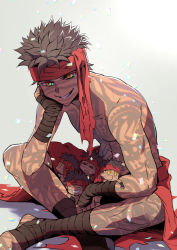 Rule 34 | 5boys, angra mainyu (fate), black hair, chibi, fate/hollow ataraxia, fate (series), full-body tattoo, full body, grey background, grin, head rest, headband, kassan (kassan 5a), crossed legs, looking at viewer, messy hair, multiple boys, multiple persona, red headband, sitting, smile, tattoo, topless male, yellow eyes