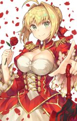 Rule 34 | &gt;:), 10s, 1girl, aestus estus, ahoge, bad id, bad pixiv id, blush, breasts, cleavage, cleavage cutout, closed mouth, clothing cutout, dress, epaulettes, fate/extra, fate (series), flower, foreshortening, g.t, hair intakes, hair ribbon, highres, holding, holding sword, holding weapon, large breasts, long sleeves, looking at viewer, nero claudius (fate), nero claudius (fate) (all), nero claudius (fate/extra), petals, pointing, pointing at viewer, red dress, red flower, red ribbon, red rose, ribbon, rose, rose petals, short hair, simple background, solo, sword, unsheathed, upper body, v-shaped eyebrows, weapon, white background