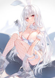 Rule 34 | 1girl, animal ears, bare shoulders, breasts, cleavage, closed mouth, detached collar, fake animal ears, fishnet thighhighs, fishnets, gloves, hairband, highleg, highleg leotard, highres, large breasts, leotard, long hair, looking at viewer, mmu, original, rabbit ears, red eyes, shoes, sitting, smile, sneakers, solo, strapless, strapless leotard, thigh strap, thighhighs, thighs, very long hair, white footwear, white gloves, white hair, white leotard, white thighhighs