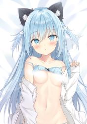 Rule 34 | 1girl, :o, animal ear fluff, animal ears, bare shoulders, bed sheet, black bra, blue eyes, blue hair, blue nails, blue panties, blush, bow, bow bra, bra, bra lift, breasts, cat ears, cat hair ornament, censored, collarbone, commentary request, hair between eyes, hair ornament, hand up, highres, lifting own clothes, long hair, long sleeves, looking at viewer, lying, nail polish, navel, off shoulder, on back, open clothes, open shirt, original, panties, parted lips, polka dot, polka dot bra, saeki sora, shirt, sleeves past wrists, small breasts, solo, two side up, underwear, upper body, very long hair, white shirt