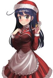 Rule 34 | 10s, 1girl, ao iro, apron, black hair, blush, bodice, corset, fur trim, grey eyes, hand on own chest, hat, highres, juliet sleeves, kantai collection, long hair, long sleeves, looking at viewer, puffy sleeves, sailor collar, santa costume, santa hat, smile, solo, ushio (kancolle), waist apron