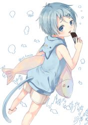 Rule 34 | 1boy, barefoot, blue eyes, blue hair, candy, chocolate, eating, fake tail, fish, food, from behind, hair ornament, hairclip, highres, looking back, male focus, open mouth, original, os (os fresa), shorts, sleeveless, solo, souta (os), tail, twitter username