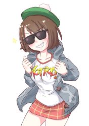 Rule 34 | 1girl, alternate costume, bobblehat, brown hair, clothes writing, creatures (company), english text, female focus, game freak, gloria (pokemon), grey hoodie, grin, highres, hood, hoodie, jacket, logo, nintendo, open clothes, open jacket, pae (ac40935 m41), parody, plaid, plaid skirt, pokemon, pokemon swsh, rowdy roddy piper, skirt, smile, solo, sunglasses, they live