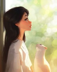 Rule 34 | 1girl, black hair, blurry, blurry background, cat, highres, indoors, lips, long hair, looking up, parted lips, profile, sam yang, window