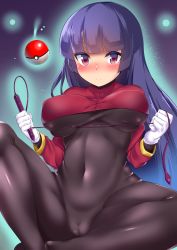 Rule 34 | 1girl, black bodysuit, blunt bangs, bodysuit, breasts, cameltoe, closed mouth, covered erect nipples, covered navel, creatures (company), crop top, crop top overhang, deep skin, expressionless, eyebrows, floating, floating object, game freak, gloves, gym leader, highres, hitotsuki nebura, holding, holding weapon, large breasts, leg up, long hair, long sleeves, looking at viewer, nintendo, pink eyes, poke ball, poke ball (basic), pokemon, pokemon rgby, purple hair, sabrina (pokemon), sitting, skin tight, solo, spread legs, very long hair, weapon, whip, white gloves