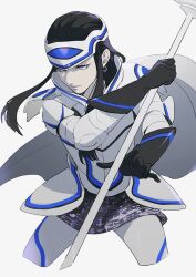 Rule 34 | 1boy, arm up, armor, armored legwear, black gloves, black hair, blue trim, breastplate, closed mouth, commentary, cropped legs, cu chulainn (megami tensei), cuisses, ear piercing, earrings, elbow gloves, expressionless, gauntlets, gloves, grey eyes, hair intakes, headband, holding, holding staff, holding weapon, isa (peien516), jewelry, long hair, looking ahead, male focus, partially shaded face, piercing, shin megami tensei, solo, staff, weapon, white armor