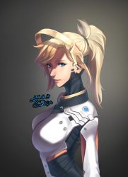 Rule 34 | 10s, 1girl, 2016, artist name, black background, blonde hair, blue eyes, bodysuit, breasts, dated, from side, gradient background, halo, headgear, high ponytail, highres, impossible clothes, impossible shirt, large breasts, lips, mechanical halo, mercy (overwatch), nose, overwatch, overwatch 1, piyo (pixiv 2308057), ponytail, portrait, shirt, short hair, signature, simple background, smile, solo, upper body