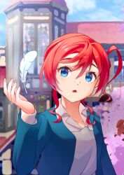 Rule 34 | 1girl, absurdres, blue eyes, blue jacket, blurry, blurry background, feathers, floating, floating object, hair between eyes, hair bun, hand up, highres, jacket, love live!, love live! superstar!!, open clothes, open jacket, red hair, school uniform, shirt, solo, upper body, white feathers, white shirt, yoneme mei, yuigaoka school uniform, zbk nashi