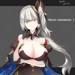 Rule 34 | 1girl, arm under breasts, bare shoulders, black dress, black gloves, breasts, character name, cleavage, collarbone, dark persona, dated, dress, fate/grand order, fate (series), gloves, hair ornament, hebitsukai-san, highres, large breasts, long hair, looking at viewer, marie antoinette (alter) (fate), marie antoinette (fate), pale skin, silver hair, smile, very long hair, yellow eyes