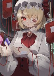 Rule 34 | 1girl, absurdres, ascot, blonde hair, blood, blood bag, bow, brooch, closed mouth, commentary, crystal, eyepatch, flandre scarlet, gem, hat, hat bow, highres, intravenous drip, jewelry, lips, long sleeves, looking at viewer, mob cap, no noru, one eye covered, one side up, puffy sleeves, red ascot, red bow, red eyes, red gemstone, red skirt, shirt, short hair, skirt, sleeve cuffs, solo, touhou, turtleneck, upper body, white hat, white shirt, wings