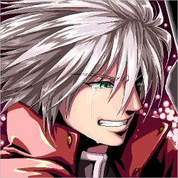 Rule 34 | 1boy, arc system works, blazblue, clenched teeth, coat, green eyes, kai (lisalisa1983), lowres, male focus, purple background, ragna the bloodedge, solo, spiked hair, tears, teeth, white hair, zill (lisalisa1983)