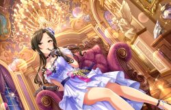 Rule 34 | 1girl, breasts, brown hair, chair, chandelier, cleavage, dress, game cg, gloves, idolmaster, idolmaster cinderella girls, idolmaster cinderella girls starlight stage, medium breasts, mukai takumi, official art, solo, statue, window, yellow eyes