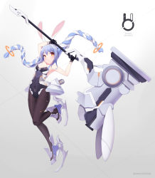 Rule 34 | 1girl, absurdres, animal ear fluff, animal ears, bare shoulders, black gloves, black pantyhose, blue hair, braid, carrot hair ornament, covered navel, dai891111, eyebrows, food-themed hair ornament, gloves, gradient background, grey background, hair ornament, highres, hikimayu, holding, holding weapon, hololive, huge weapon, leotard, long hair, looking at viewer, mechanical legs, multicolored hair, orange eyes, pantyhose, playboy bunny, rabbit-shaped pupils, rabbit ears, rabbit girl, solo, strapless, strapless leotard, symbol-shaped pupils, twin braids, twitter username, two-tone hair, usada pekora, virtual youtuber, weapon, white hair
