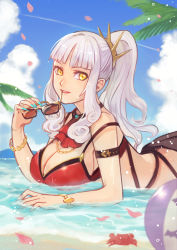 Rule 34 | 1girl, arm strap, ball, beachball, bikini, bracelet, breasts, carmilla (fate), carmilla (summertime mistress) (fate), cleavage, commentary request, unworn eyewear, fate/grand order, fate (series), highres, holding, holding removed eyewear, jewelry, large breasts, long hair, looking at viewer, looking to the side, lying, ocean, on stomach, palm tree, parted lips, partially submerged, petals, ponytail, red bikini, sangatsu (mitsuki358), silver hair, smile, solo, sunglasses, swimsuit, tree, water, yellow eyes