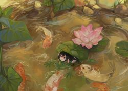Rule 34 | 10s, 1girl, animal, asui tsuyu, black eyes, black hair, boku no hero academia, closed mouth, colored sclera, dripping, fish, flower, frog, from above, grass, hanromi, koi, lake, leaf, lily pad, long hair, looking up, mini person, minigirl, pink flower, riding, ripples, rock, smile, very long hair, water, yellow sclera