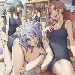Rule 34 | 6+girls, adjusting clothes, adjusting swimsuit, ai (popotan), animal, bad id, bad pixiv id, ball, bandaid, bandaid on arm, barefoot, beach, beach chair, beach house, beachball, blue one-piece swimsuit, blue school swimsuit, bracelet, breasts, brown eyes, brown hair, character request, clover, clover hair ornament, double bun, eyewear on head, fishing rod, four-leaf clover, four-leaf clover hair ornament, glasses, green eyes, green hair, green hair ornament, hair between eyes, hair bun, hair ornament, highres, hug, hugging another&#039;s leg, innertube, jewelry, large breasts, long hair, looking back, mea (popotan), medium breasts, mii (popotan), mouse (animal), multiple girls, nono (popotan), old school swimsuit, one-piece swimsuit, open mouth, popotan, poster (object), pulled by self, purple eyes, purple hair, puruchorin, school swimsuit, sitting, smile, standing, strap pull, sunglasses, sunglasses on head, sweatdrop, swim ring, swimsuit, teeth, twintails, unagi (popotan), walking