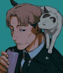 Rule 34 | 1boy, animal, animal on shoulder, aqua background, black coat, black eyes, black necktie, blonde hair, cat, cat on shoulder, chainsaw man, coat, collared shirt, ear piercing, facial hair, flask, highres, holding, holding flask, kishibe (chainsaw man), looking at another, male focus, multiple piercings, necktie, parted bangs, piercing, shirt, short hair, signature, solo focus, stitched face, stitched mouth, stitches, stubble, tonta (tonta1231), white shirt