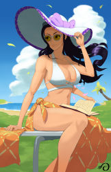 Rule 34 | 1girl, absurdres, armpit crease, artist logo, beach, bikini, bikini top only, black hair, blue sky, book, bow, breasts, cleavage, closed mouth, cloud, collarbone, day, dress, extra arms, eyewear on head, glasses, grass, halterneck, hana hana no mi, hand on table, hat, hat bow, highres, holding, holding book, holding clothes, holding hat, horizon, large bow, large breasts, large hat, long hair, looking away, looking to the side, midriff, multi-strapped bikini, navel, nico robin, ocean, one piece, open book, orange skirt, outdoors, palm leaf, palm tree, pink ebi, pinup (style), plant, purple bow, purple hat, sand, scenery, shaded face, side-tie bikini bottom, side-tie skirt, sideboob, signature, sitting, sitting on table, skirt, sky, smile, solo, sunglasses, swimsuit, table, thighs, tinted eyewear, tree, two-tone headwear, water, white bikini, white hat