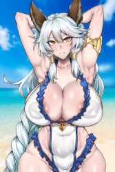 Rule 34 | 1girl, absurdres, animal ears, areola slip, armlet, armpits, arms behind head, arms up, bare shoulders, beach, blue sky, blush, braid, breasts, cleavage, collarbone, covered erect nipples, curvy, erune, female focus, gggg, granblue fantasy, hair between eyes, hair tubes, heles, heles (summer) (granblue fantasy), highres, huge breasts, long hair, looking at viewer, one-piece swimsuit, sidelocks, silver hair, single braid, sky, smile, solo, swimsuit, very long hair, white one-piece swimsuit, wide hips, yellow eyes