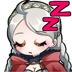 Rule 34 | 1girl, ahoge, braid, breasts, cleavage, closed eyes, commission, commissioner upload, deliichan5, emoji, fire emblem, fire emblem fates, grey hair, hairband, leather strap, lowres, nina (fire emblem), nintendo, non-web source, sleeping, solo, turtleneck, twin braids, upper body, zzz