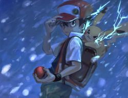 Rule 34 | 1boy, backpack, badge, bag, baseball cap, black hair, black shirt, black wristband, brown bag, closed mouth, commentary, creatures (company), electricity, from side, game freak, gen 1 pokemon, green pants, grey eyes, hair between eyes, hand on headwear, hat, holding, holding poke ball, jacket, koala 0l, koara 01, looking at viewer, looking to the side, male focus, nintendo, pants, pikachu, poke ball, pokemon, pokemon (creature), pokemon on back, pokemon rgby, red (pokemon), shirt, short sleeves, snowing, symbol-only commentary, wristband