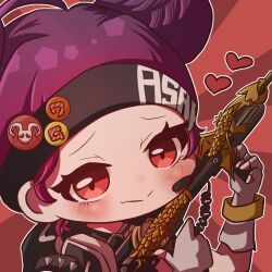 Rule 34 | 1girl, animification, apex legends, black headband, blush, chibi, double bun, fingerless gloves, g7 scout, gloves, grey gloves, gun, hair bun, headband, heart, highres, holding, holding gun, holding weapon, lifeline (apex legends), looking at viewer, portrait, purple hair, red background, red eyes, rifle, rouge yu, smile, solo, weapon