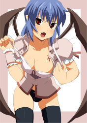 Rule 34 | 1girl, bat wings, black panties, black thighhighs, blue hair, blush, bra, breasts, cleavage, cross, fang, female focus, lingerie, no pants, aged up, open clothes, open mouth, open shirt, panties, pointy ears, red eyes, remilia scarlet, shin&#039;ya (nanp), shirt, solo, strap pull, tattoo, thighhighs, touhou, underwear, white bra, wings
