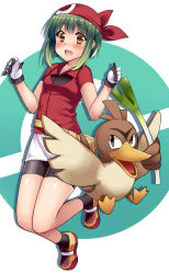 Rule 34 | 1girl, alternate costume, bandana, bike shorts, bird, black legwear, blush, brown eyes, commentary request, cosplay, creatures (company), eyebrows, fanny pack, farfetch&#039;d, food, game freak, gen 1 pokemon, gloves, green hair, hairband, hands up, holding, holding food, jumping, kantai collection, kusano (torisukerabasu), looking at viewer, looking up, may (pokemon), may (pokemon) (cosplay), nintendo, open mouth, pokemon, shadow, shoes, short hair, short hair with long locks, short sleeves, shorts, sidelocks, simple background, socks, spring onion, takanami (kancolle), tree swing cartoon, vegetable, white gloves, wings