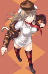 Rule 34 | 1girl, animal ears, breasts, brown hair, female focus, full body, hat, jacket, open clothes, open jacket, sabamu, scarf, solo, strike witches, strike witches: katayoku no majo-tachi, striped clothes, striped thighhighs, tail, thighhighs, wilma bishop, world witches series