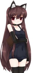 Rule 34 | 1girl, animal ears, black thighhighs, blue one-piece swimsuit, book, brown hair, cat ears, choker, collarbone, detached sleeves, long hair, looking at viewer, one-piece swimsuit, red eyes, school swimsuit, simple background, smile, solo, swimsuit, thighhighs, white background