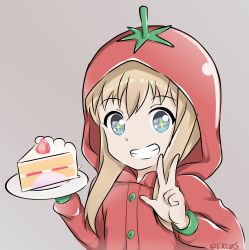 Rule 34 | + +, 1girl, absurdres, artist name, blonde hair, blue eyes, buttons, cake, cake slice, clenched teeth, commentary request, fklars, food, fruit, grey background, grin, highres, looking at viewer, plate, simple background, smile, solo, strawberry, teeth, tomato costume, toshinou kyouko, w, yuru yuri