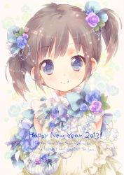 Rule 34 | 1girl, arms behind back, asymmetrical hair, bag, black hair, blue eyes, bow, dress, ech, flower, hair flower, hair ornament, happy new year, looking at viewer, new year, original, shoulder bag, smile, solo, twintails, white dress