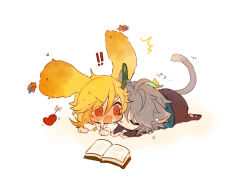 Rule 34 | !, !!, 2boys, ahoge, alhaitham (genshin impact), animal ear fluff, animal ears, animalization, aqua hair, arm support, artist name, blonde hair, blush, book, cat ears, cat tail, chibi, closed eyes, colored inner hair, couple, earrings, feather hair ornament, feathers, genshin impact, grey hair, hair between eyes, hair ornament, heart, highres, jewelry, kaveh (genshin impact), licking, long bangs, long hair, long sleeves, lying, medium bangs, multicolored hair, multiple boys, nose blush, on stomach, open book, open mouth, parted bangs, rabbit ears, reading, red eyes, shirt, short hair, side-by-side, sidelocks, simple background, streaked hair, tail, two-tone hair, white background, white shirt, yaoi, yuuzatta