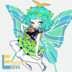 Rule 34 | 1girl, antennae, aqua hair, barefoot, butterfly wings, character name, dress, eternity larva, eyeshadow, fairy, green dress, insect wings, leaf, leaf on head, makeup, medium hair, multicolored clothes, multicolored dress, one eye closed, open mouth, smile, solo, touhou, wings, yellow eyes, yt (wai-tei)
