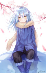 Rule 34 | 1other, absurdres, androgynous, black pants, blue coat, blue footwear, blue hair, boots, closed mouth, coat, floating hair, fur boots, hair between eyes, highres, knee boots, long hair, long sleeves, looking at viewer, pants, rimaru 0510, rimuru tempest, scarf, sitting, smile, solo, tensei shitara slime datta ken, twitter username, white background, yellow eyes