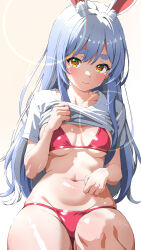 Rule 34 | 1girl, absurdres, animal ears, anime coloring, bikini, blue hair, blush, braid, breasts, carrot hair ornament, clothes lift, food-themed hair ornament, fur scarf, hair ornament, highres, hololive, isakoro (hx9cj), lifted by self, long hair, looking at viewer, medium breasts, navel, rabbit-shaped pupils, rabbit ears, rabbit girl, red bikini, red eyes, shirt lift, short eyebrows, simple background, swimsuit, symbol-shaped pupils, thick eyebrows, twin braids, usada pekora, virtual youtuber, white background