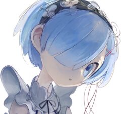 Rule 34 | 1girl, blue eyes, blue hair, close-up, commentary request, expressionless, hair ornament, hair over one eye, highres, looking at viewer, maid, nedoco, parted lips, re:zero kara hajimeru isekai seikatsu, rem (re:zero), short hair, simple background, sketch, solo, white background, x hair ornament