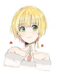 Rule 34 | 10s, 1girl, blonde hair, closed mouth, green eyes, green nails, heart, idolmaster, idolmaster cinderella girls, looking at viewer, miyamoto frederica, nail polish, nesume, off shoulder, own hands together, short hair, simple background, sketch, smile, solo, white background