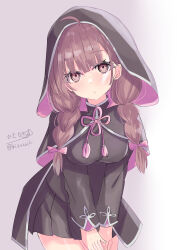 Rule 34 | 1girl, absurdres, artist name, black capelet, black dress, braid, breasts, brown eyes, brown hair, capelet, cowboy shot, dress, gradient background, grey background, hair ribbon, highres, hizaka, hood, hood up, hooded capelet, kantai collection, large breasts, one-hour drawing challenge, pleated dress, red ribbon, ribbon, shinshuu maru (kancolle), solo, twin braids, twitter username