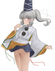Rule 34 | 1girl, bad id, bad pixiv id, black neckwear, blue eyes, blue skirt, blush, bottomless, breasts, cowboy shot, curled fingers, grey hair, hat, japanese clothes, kariginu, long sleeves, looking at viewer, medium hair, mononobe no futo, multicolored clothes, ni (221), pom pom (clothes), ponytail, pussy, simple background, skirt, small breasts, solo, standing, tate eboshi, thighs, touhou, white background, wide sleeves