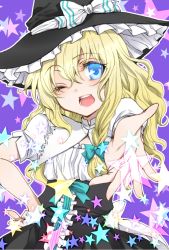 Rule 34 | 1girl, ;d, blonde hair, blue eyes, bow, hair bow, hair ribbon, hat, kirisame marisa, long hair, looking at viewer, one eye closed, open mouth, reaching, ribbon, ryokuya, smile, solo, star (symbol), starry background, touhou, witch hat