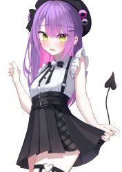 Rule 34 | 1girl, absurdres, bad id, bad pixiv id, barbell piercing, beret, black bow, black bowtie, black skirt, blush, bow, bowtie, collared shirt, colored inner hair, cowboy shot, demon tail, ear piercing, embarrassed, fang, frilled shirt, frilled sleeves, frills, green eyes, hair bun, hair ornament, hairclip, hand up, hat, heart o-ring, high-waist skirt, highres, hololive, industrial piercing, karou (lhscck302), linked piercing, long hair, miniskirt, multicolored hair, o-ring, o-ring thigh strap, open mouth, piercing, pink hair, pleated skirt, pointy ears, pom pom (clothes), purple hair, shirt, side bun, simple background, single side bun, skin fang, skirt, skirt hold, sleeveless, sleeveless shirt, solo, suspender skirt, suspenders, swept bangs, tail, tail ornament, tail piercing, thick thighs, thigh strap, thighs, tokoyami towa, virtual youtuber, white background, white shirt