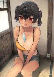 Rule 34 | 1girl, between breasts, blush, breasts, camisole, cleavage, collarbone, denim, denim shorts, food, gaki kyonyuu, grey shorts, highres, kaedeko (kaedelic), large breasts, looking at viewer, midriff, navel, nude filter, one-piece tan, one breast out, oppai loli, popsicle, red eyes, sasaki kanna (kaedeko), short hair, shorts, sitting, sweat, sweatdrop, tan, tanline, third-party edit, tongue, tongue out, twintails, yellow camisole