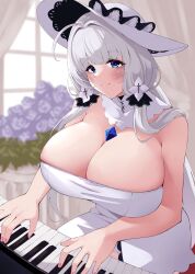 1girl absurdres azur_lane blue_eyes blush breasts cleavage closed_mouth commentary_request dress flower hat highres huge_breasts illustrious_(azur_lane) instrument long_hair music piano playing_instrument playing_piano smile solo twintails wee_(weeyy) white_dress white_hair white_hat