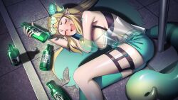 1girl absurdres blonde_hair blush dragon_girl drunk highres horns non-web_source original outdoors raziel_(vtuber) soju tail