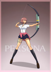 Rule 34 | 1girl, absurdres, archery, arrow (projectile), blue skirt, bow (weapon), breasts, choker, clothes around waist, copyright name, drawing bow, endou shin, heart, heart choker, highres, holding, holding bow (weapon), holding weapon, kneehighs, legs, legs apart, loafers, long legs, looking to the side, medium breasts, persona, persona 3, pink eyes, pink hair, shoes, short hair, skirt, socks, solo, sweater, sweater around waist, takeba yukari, tan, thigh strap, thighs, weapon, wide stance