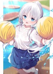 Rule 34 | 1girl, alternate costume, alternate hairstyle, blue eyes, blue skirt, blurry, blush, cheerleader, commentary request, day, depth of field, foot out of frame, hair between eyes, hands up, highres, holding, holding pom poms, long hair, looking at viewer, miniskirt, naruse shiroha, open mouth, outdoors, outside border, pleated skirt, pom pom (cheerleading), pom poms, ponytail, poolside, see-through, see-through shirt, shirt, short sleeves, skirt, solo, standing, summer pockets, sunlight, tsurime, v-shaped eyebrows, very long hair, w arms, water, water drop, wet, wet clothes, wet shirt, white footwear, white hair, white shirt, yutori z71