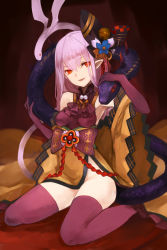 Rule 34 | 1girl, bare shoulders, breasts, commentary request, elbow gloves, fangs, full body, gloves, groin, hair between eyes, hair ornament, head tilt, japanese clothes, long hair, looking at viewer, medium breasts, obi, parted lips, pink hair, pink thighhighs, pointy ears, red eyes, saitou douzan (sengoku bushouki muramasa), sash, sengoku bushouki muramasa, sitting, smile, snake, thighhighs, totteri