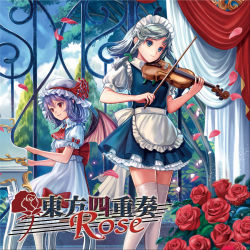 Rule 34 | 2girls, album cover, apron, ascot, bat wings, bow, braid, cover, curtains, dress, english text, flower, frills, hair bow, hat, hat ribbon, highres, instrument, izayoi sakuya, looking at viewer, maid headdress, mob cap, multiple girls, music, petals, piano, playing instrument, pointy ears, puffy sleeves, purple hair, red eyes, remilia scarlet, ribbon, rose, sash, short hair, short sleeves, silver hair, siro (asteblanc), sitting, smile, text focus, thighhighs, touhou, twin braids, violin, waist apron, white legwear, wings