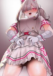 Rule 34 | 1girl, absurdres, bandaged arm, bandages, blush, breasts, dress, from below, gloves, gomo, grey hair, hair ornament, hair over one eye, hat, highres, large breasts, long hair, looking at viewer, looking down, nijisanji, nurse, nurse cap, open mouth, pink eyes, simple background, solo, standing, sukoya kana, sukoya kana (1st costume), tongue, twintails, upskirt, virtual youtuber, white gloves, white wrist cuffs, wrist cuffs, x hair ornament